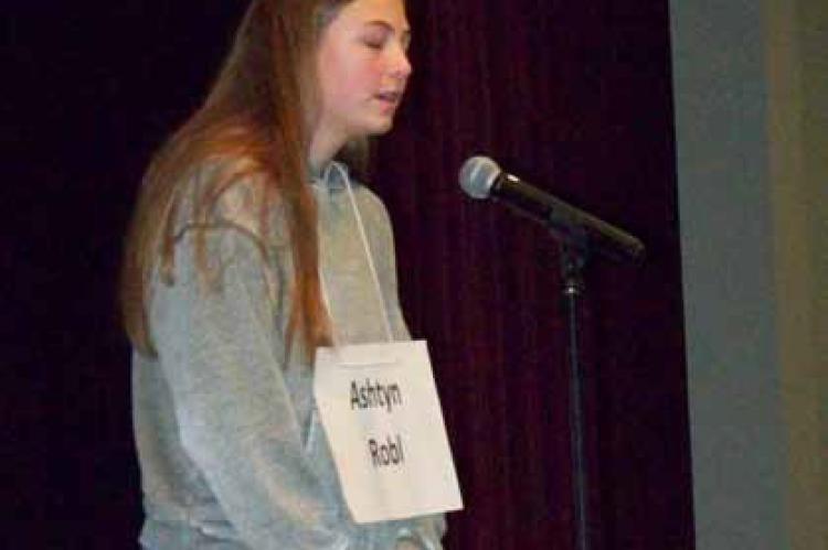 Ashtyn Robl competes in the Ellsworth County Spelling Bee Feb. 26 at the Ellsworth Jr./Sr. High School Performing Arts Center. ALAN RUSCH/Ellsworth County Independent-Reporter