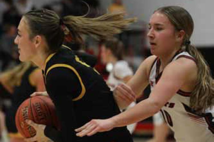 Ellsworth’s Kinly Place, right, attempts to snag the ball from a Goodland player during the final minutes of the playoff game.