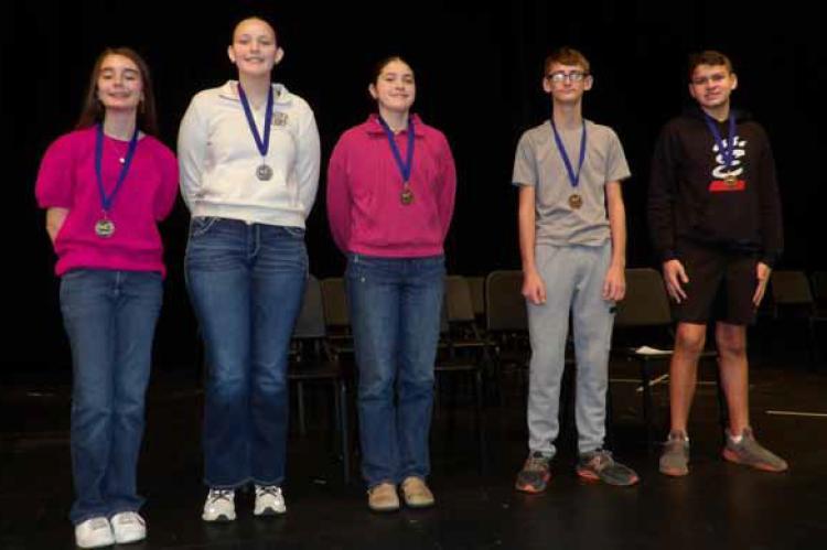 The winners of the 2026 Ellsworth County Spelling Bee are, from left, Willa Finnegan, Ellsworth Jr./Sr. High School, first; Maddison Ward, EJSHS, second; Tacy Shepmann, Central Plains Jr./Sr. High School, third; Preston Davis, CPJSHS, fourth; and Logan Mu