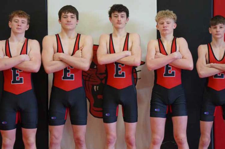 The Ellsworth boys’ wrestling team competed at the regional tournament Feb. 21-22 at Hoisington, taking fourth place as a team and advancing five wrestlers to the state contest. From left, Micah Galvan, 175 lbs., third place; Keegan Urbanek, 190 lbs., f