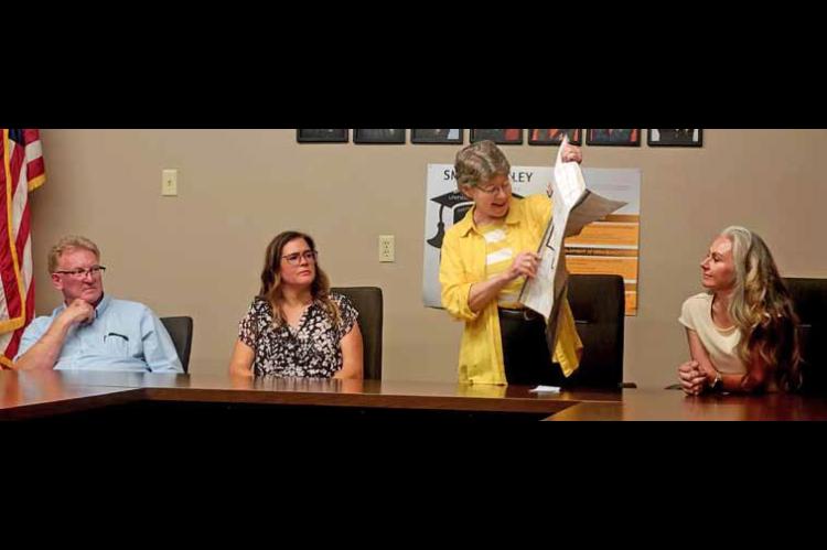 Kansas State School Board of Education candidates answered questions at a meet-and-greet event at the USD 400 Board of Education offices Aug. 25. From left, Destry Brown, (R), Dist. 9; Alana McWilliams, (R), Dist. 7; Ann Zimmerman, (D), Dist. 7; and Heather Guernsey, (D), Dist. 9. CATHERINE DOUD/Marquette Tribune