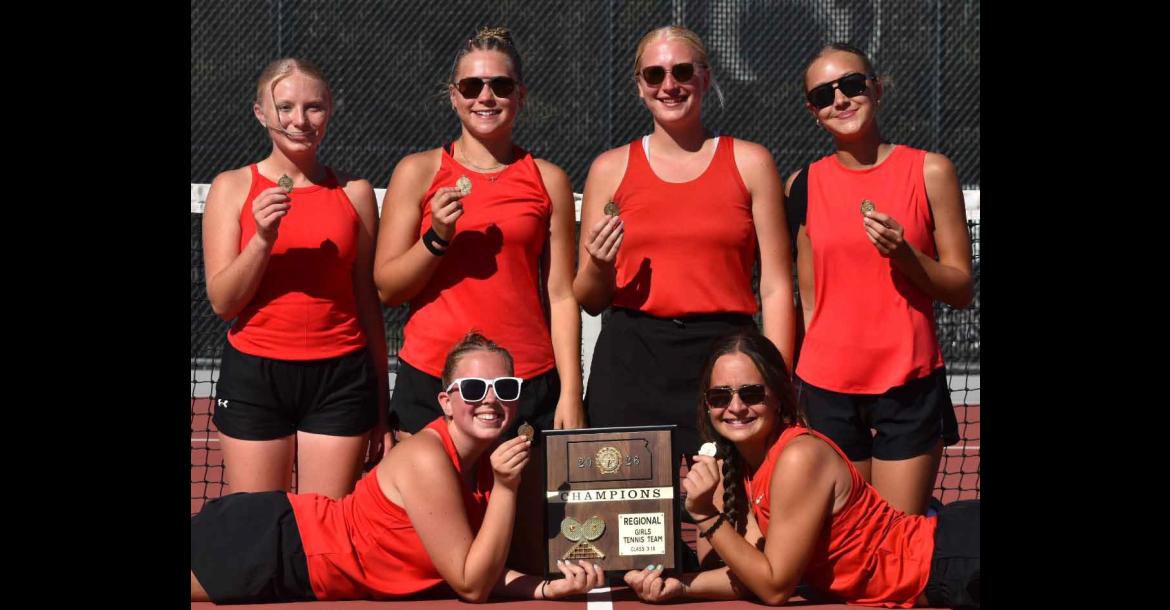 The Ellsworth varsity girls’ tennis team won regionals for the fourth consecutive year and will move on to state this weekend. JENNA ZAMRZLA/Courtesy photo