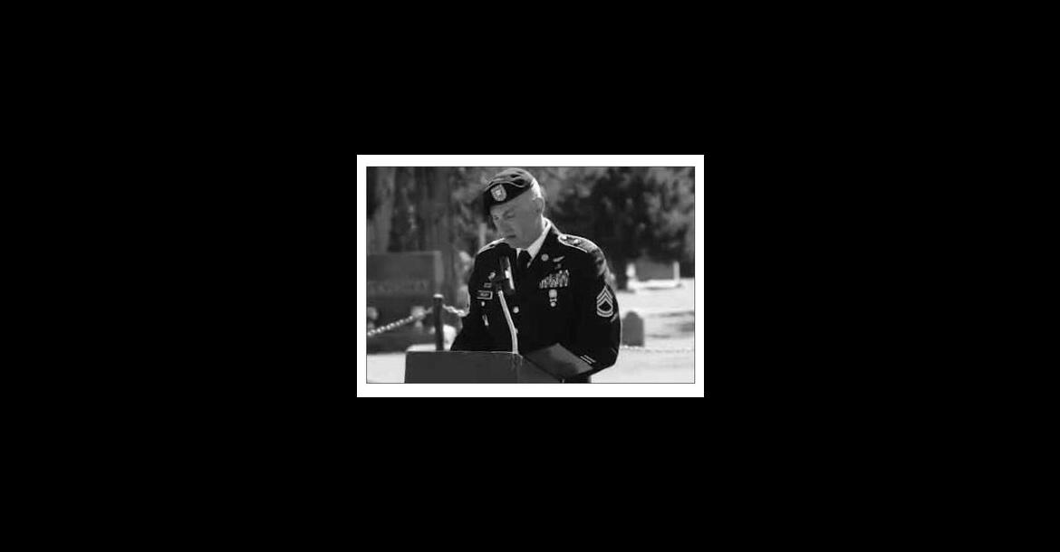 Kansas Army National Guard SFC Gabriel Bailey gives the Memorial Day address at Wilson City Cemetery. JAN SHAW/Special to the I-R
