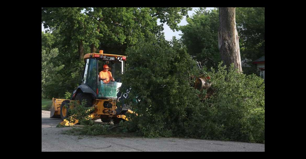 Ellsworth City Street Department employee Daren Webb clears a tree from West 2nd Street Tuesday morning. KAREN BONAR/Ellsworth County Independent-Reporter