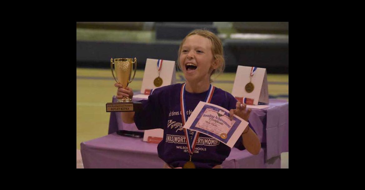Ripley Kepka celebrates as she’s recognized as the 2026 Reading Grand Champion and winner of the Claudia Patry Reading Award. In addition to the medal, certificate and trophy, her name is engraved on the plaque honoring each year’s winner. CATHERINE DOUD/Ellsworth County Independent-Reporter