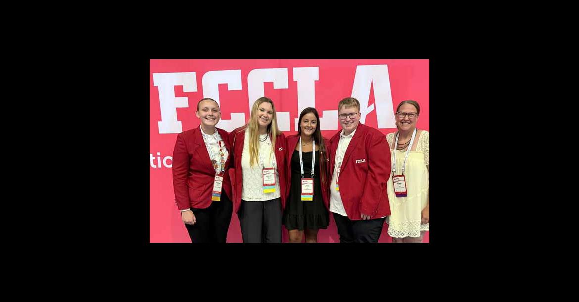 Pictured from left, Maddison Ward, Mallory Dobrinski, Kelli Rodriguez, Bryson Ohl and FCCLA adviser Mandy Burger. The four students qualified to compete at FCCLA nationals in Washington, D.C., July 5-10. Courtesy photo