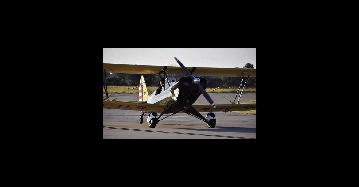 This experimental bi-plane taxis in early Saturday morning.