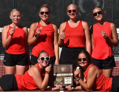 The Ellsworth varsity girls’ tennis team won regionals for the fourth consecutive year and will move on to state this weekend. JENNA ZAMRZLA/Courtesy photo