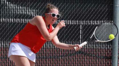 Reygan Coonrod competes in No. 1 doubles during the Sept. 1 Ellsworth Invitational.