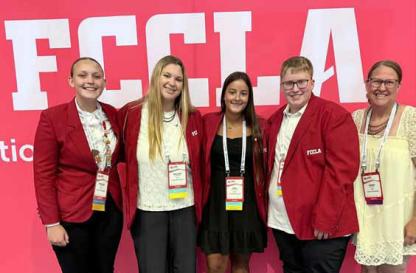 Pictured from left, Maddison Ward, Mallory Dobrinski, Kelli Rodriguez, Bryson Ohl and FCCLA adviser Mandy Burger. The four students qualified to compete at FCCLA nationals in Washington, D.C., July 5-10. Courtesy photo