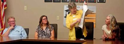 Kansas State School Board of Education candidates answered questions at a meet-and-greet event at the USD 400 Board of Education offices Aug. 25. From left, Destry Brown, (R), Dist. 9; Alana McWilliams, (R), Dist. 7; Ann Zimmerman, (D), Dist. 7; and Heather Guernsey, (D), Dist. 9. CATHERINE DOUD/Marquette Tribune