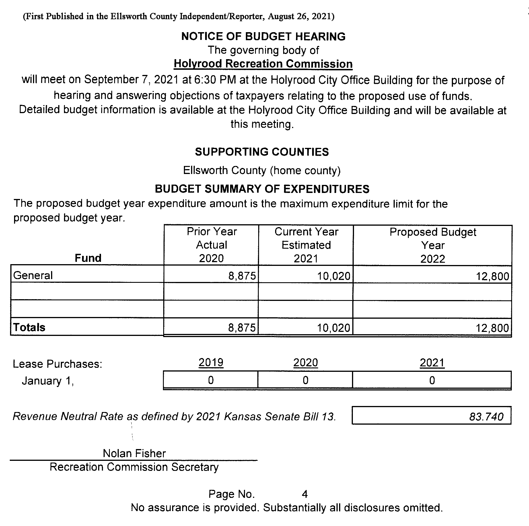 Holyrood Recreation 2022 Budget Ellsworth County Independent Reporter
