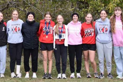 The girls’ team finished sixth overall, the highest team finish in 20 years. Pictured, from left, are coach Laura Kyler, Brooklynn Marston, Kate Rathbun, Addison Thomas, Lakyn Beckman, Molly Ehrlich, Maisy Hulse, Sage Gray, Reese Grothusen, Korbyn Jense